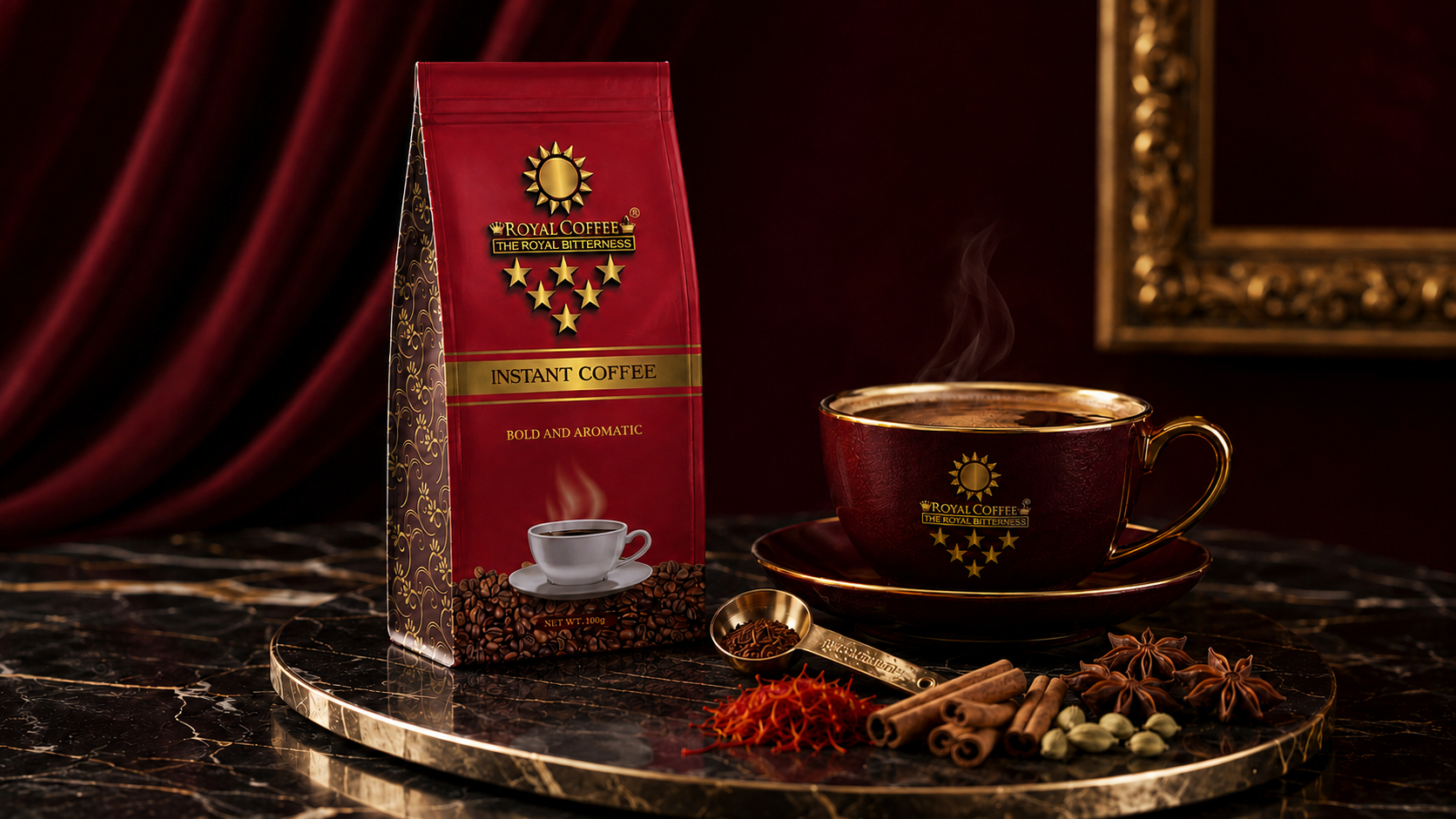 Royal Coffee premium instant coffee bag, cup and aromatic spices