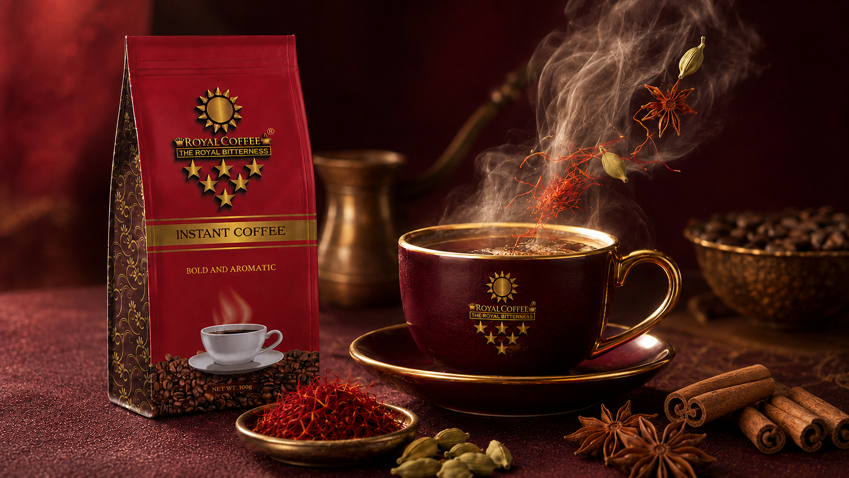 Steam and aromatic spices rising from a cup beside the Royal Coffee bag