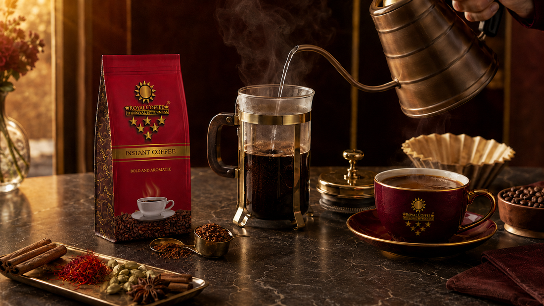 Brewing Royal Coffee with hot water, French press and aromatic spices