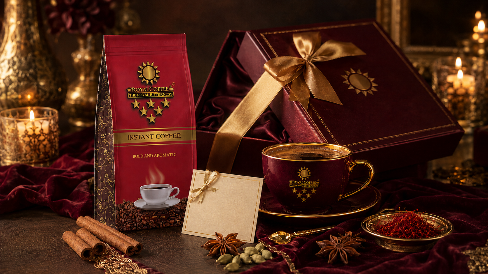 Royal Coffee presented as a luxury coffee gift with burgundy and gold details