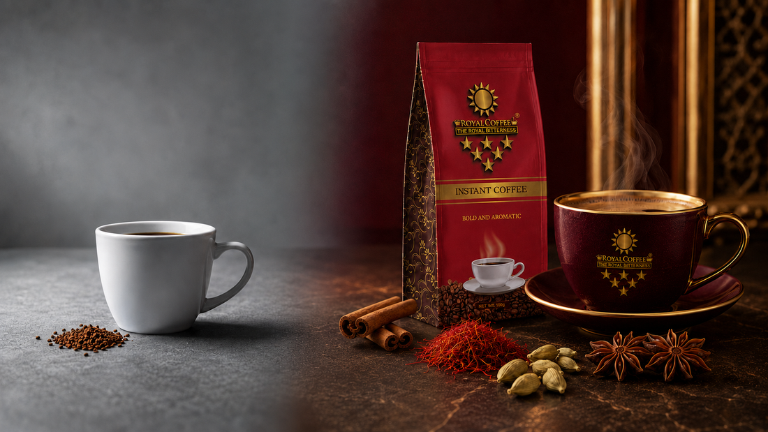 Comparison of ordinary instant coffee and Royal Coffee premium spiced coffee