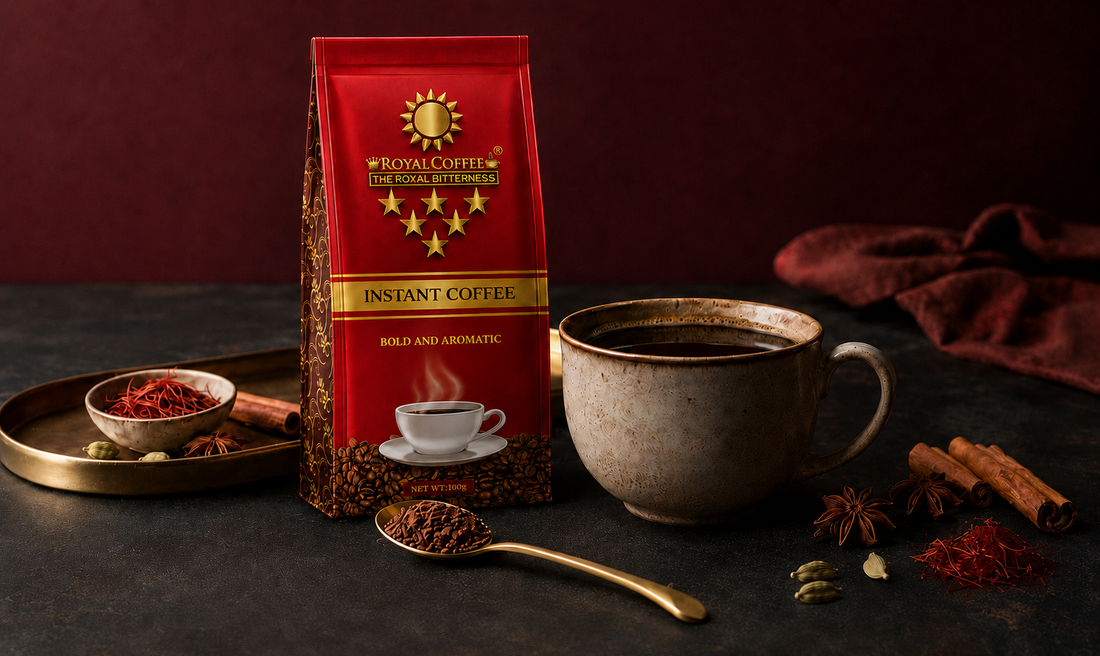 Royal Coffee premium instant coffee bag beside a cup with saffron and aromatic spices