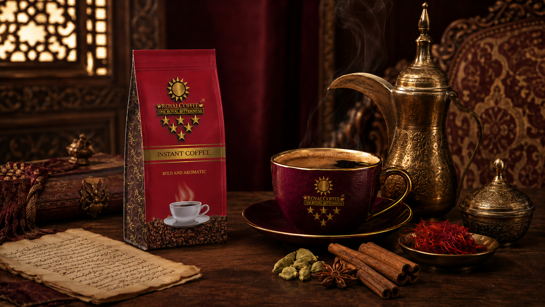 Royal Coffee bag, burgundy cup and brass dallah in a historic setting
