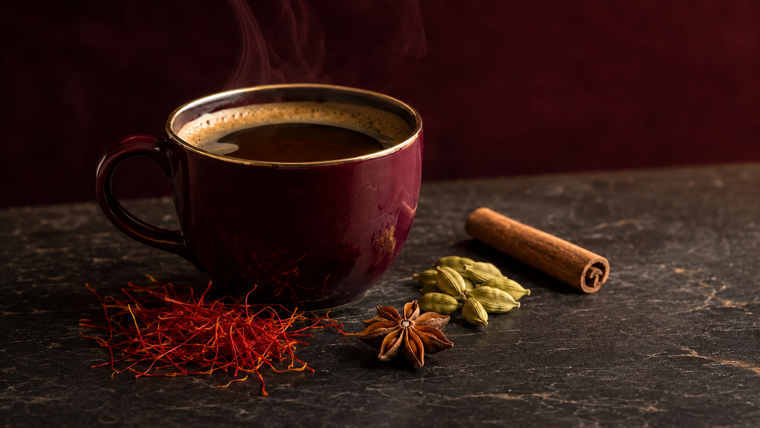 Saffron coffee with cardamom, cinnamon and star anise