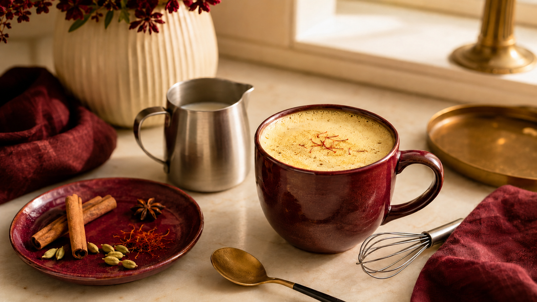 Machine-free saffron-spiced latte with warm milk and aromatic spices