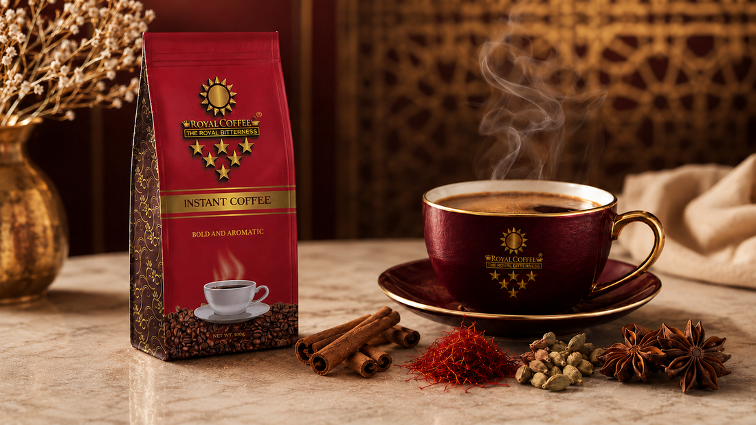 Royal Coffee bag and steaming cup with saffron, cardamom, cinnamon and star anise