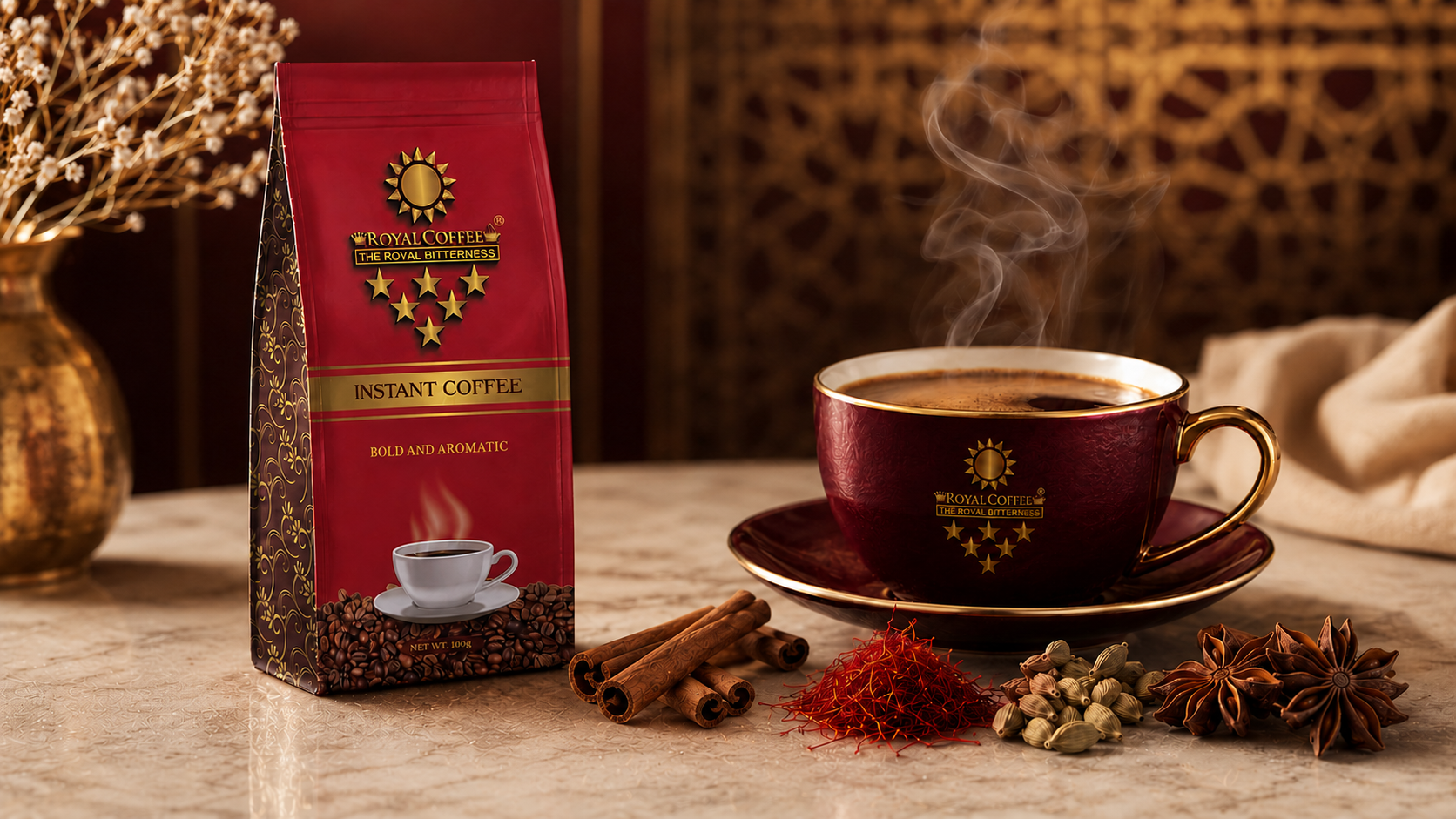 Royal Coffee bag and steaming cup with saffron, cardamom, cinnamon and star anise
