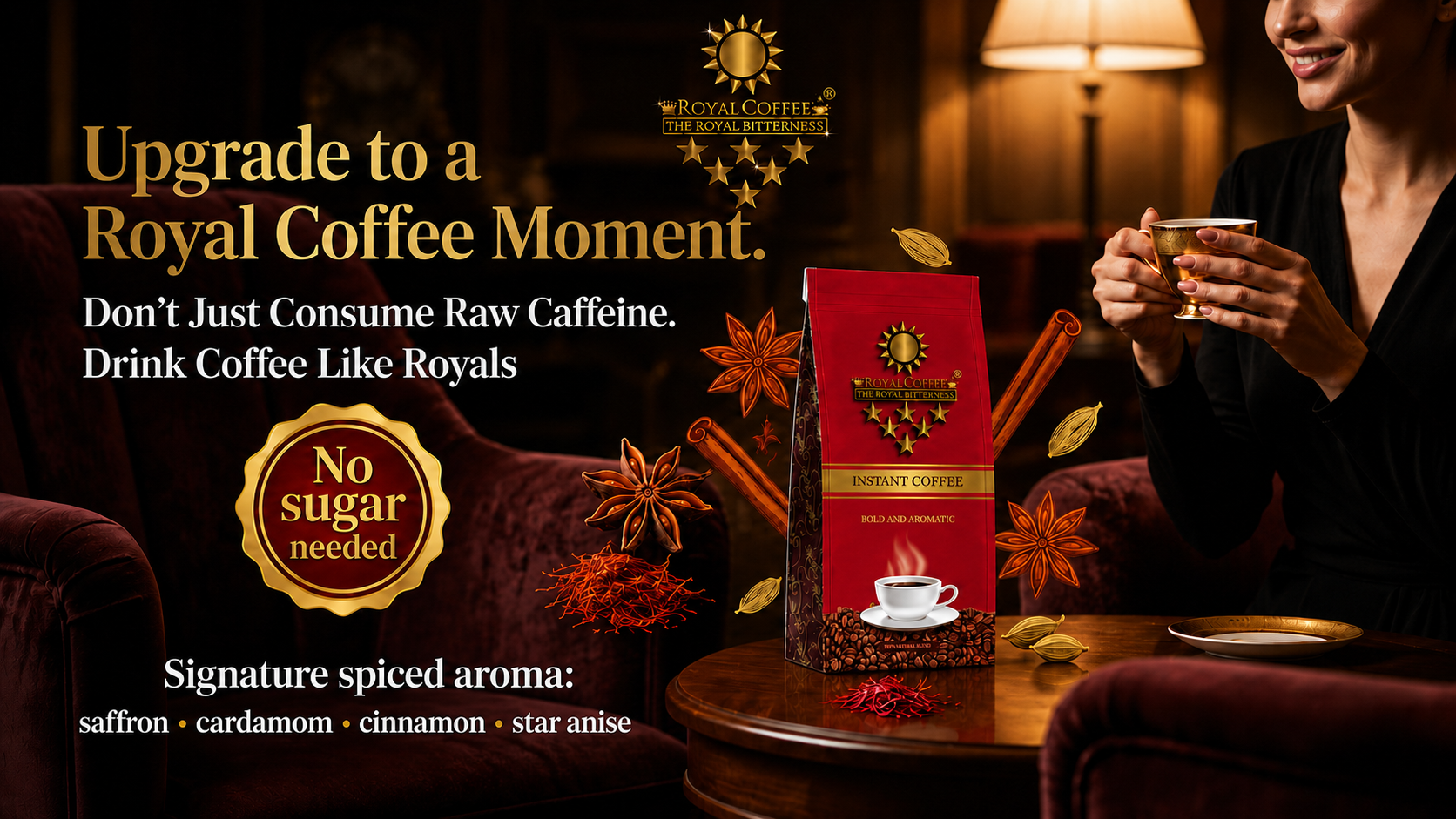 Royal Coffee homepage hero with saffron, cardamom, cinnamon and star anise